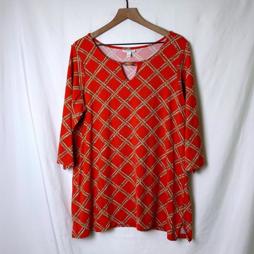 Charter Club Women Bamboo Print 3/4 Sleeve Tunic Top Size 1X Orange Tropical